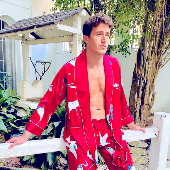 Satin Red Bird Print Robe and Pant Set - Picture 4 of 8